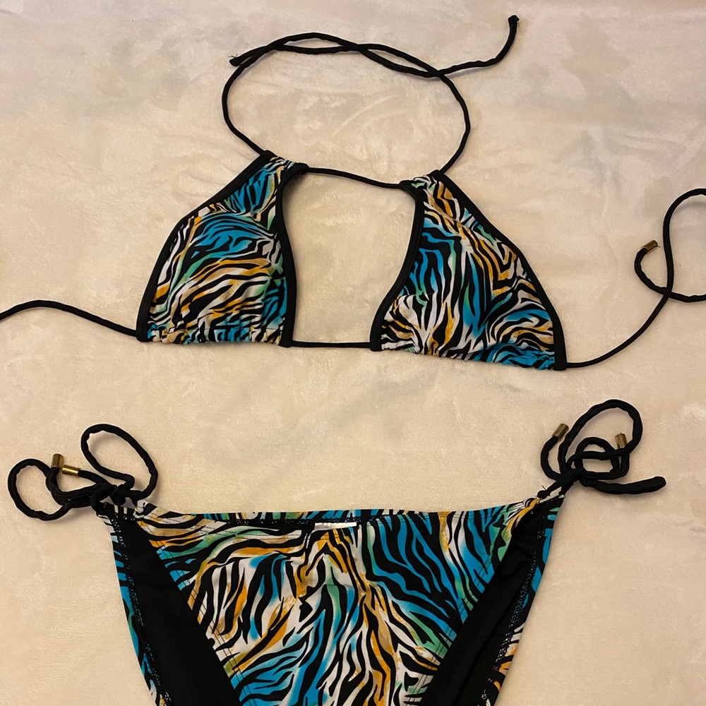 Multi color zebra print two piece bikini.
